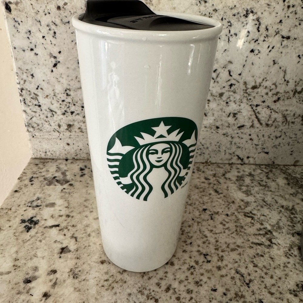 Starbucks White Travel Tumbler with Green Logo and Black Lid